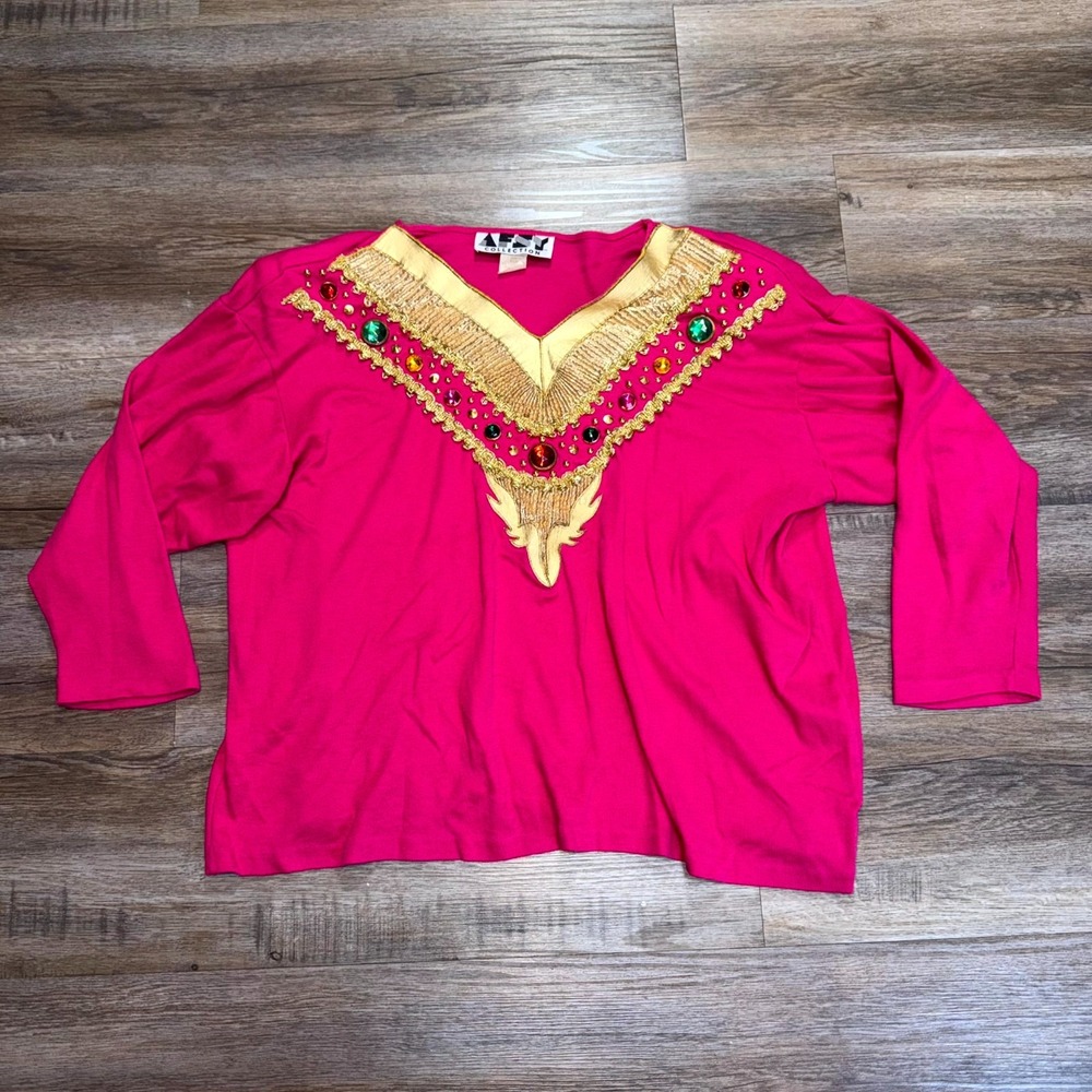 VTG AFSY Collection Blouse Top Women's OSFA Pink Embellishment 3/4 Sleeve